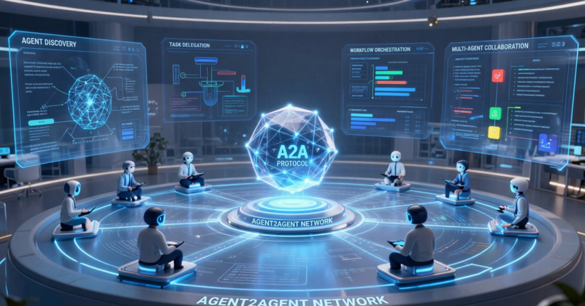 Agent2Agent (A2A) Protocol Guide 2026 showing AI agents communicating and collaborating through a multi-agent workflow network.