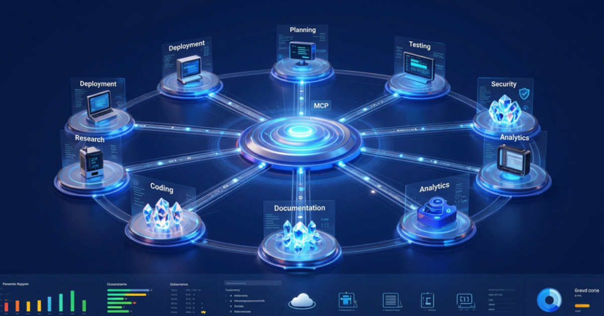 AI Agent Orchestration architecture showing multiple AI agents collaborating through a central orchestration engine with enterprise workflows, governance, MCP, A2A, and observability dashboards.