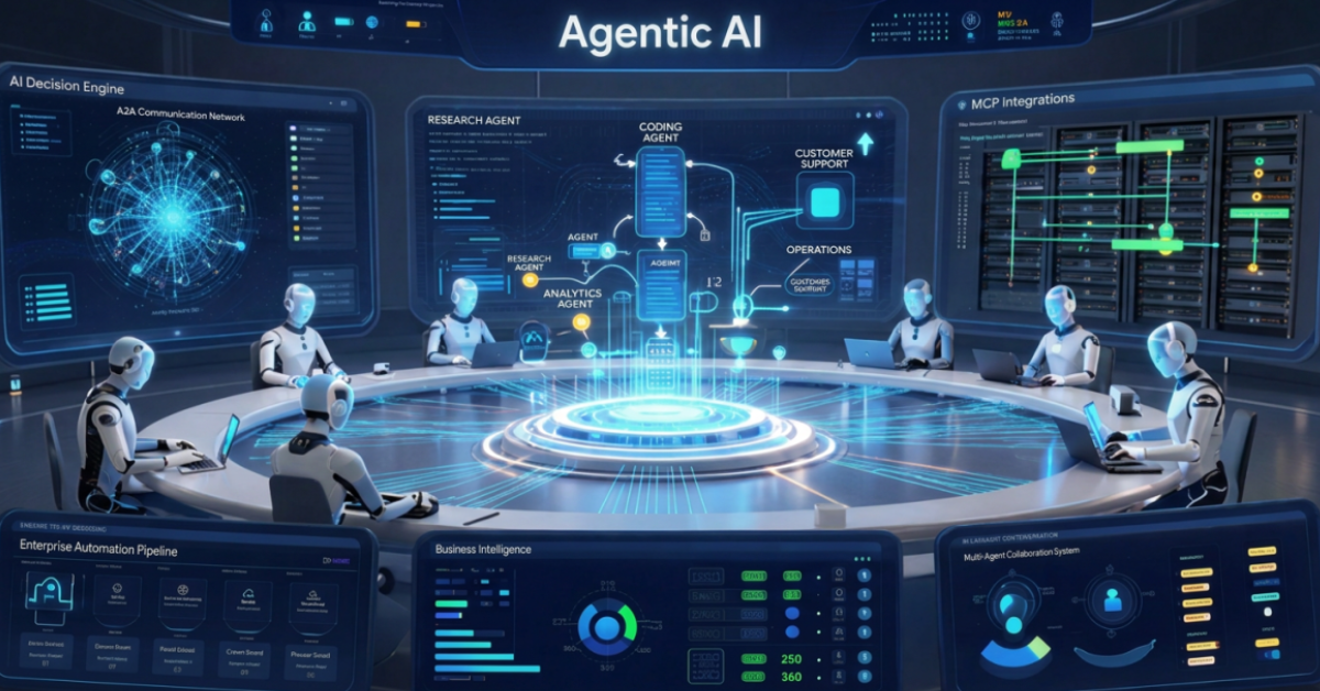 Agentic AI Complete Guide 2026 showing autonomous AI agents collaborating as a digital workforce across enterprise automation systems and multi-agent workflows.