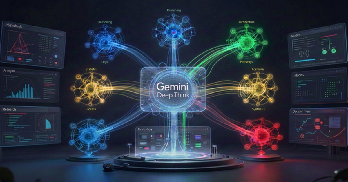 Gemini Deep Think advanced reasoning mode visualizing multiple AI reasoning paths and problem-solving workflows