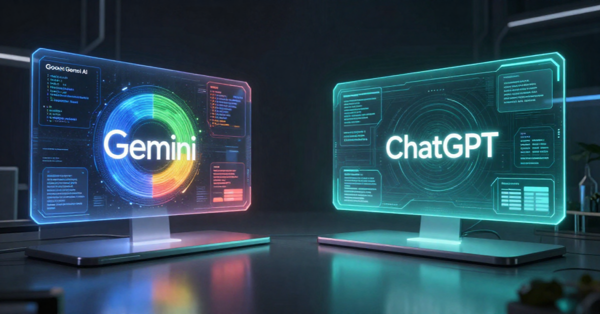 Gemini vs ChatGPT comparison showing Google’s Gemini AI and OpenAI ChatGPT in 2026