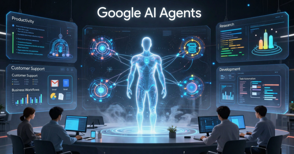 Google AI Agents managing automated workflows, productivity tasks, and intelligent business operations in 2026