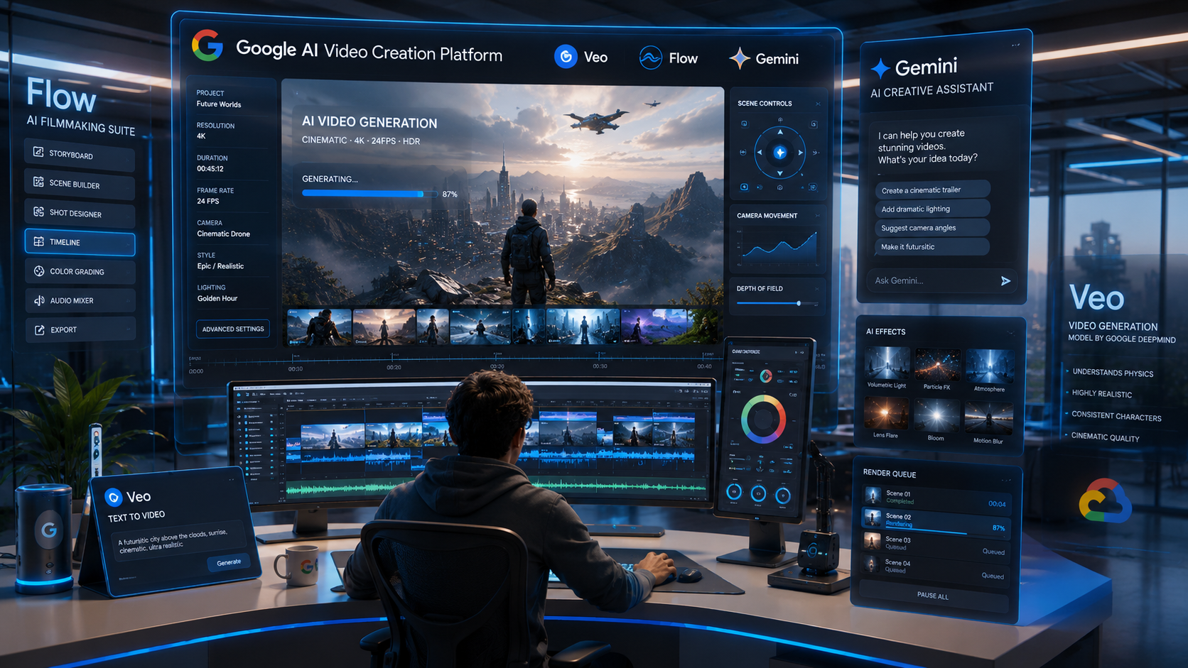 Google AI Video Creation Platform dashboard showing Veo AI video generation and Flow filmmaking tools in 2026