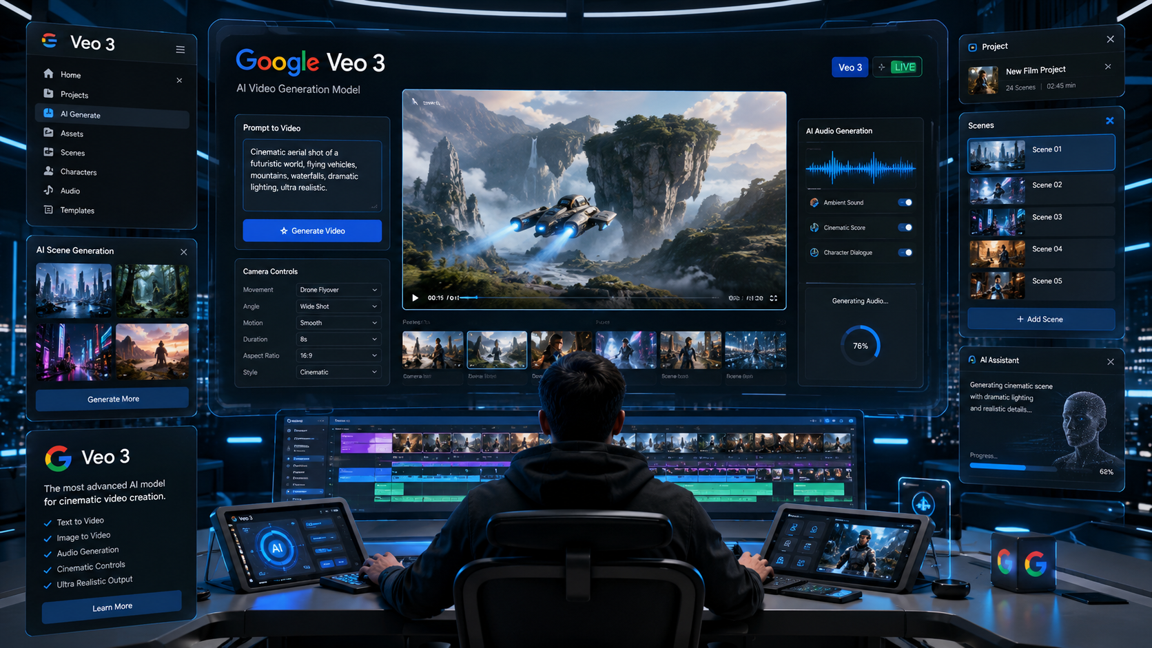 Google Veo Guide 2026 showing Google’s AI video generation platform creating cinematic videos with advanced AI filmmaking tools.