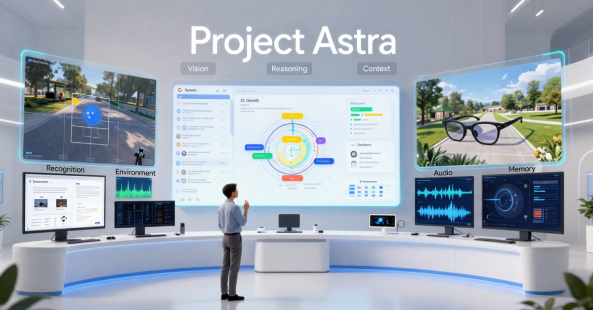Project Astra Complete Guide 2026 showing Google’s multimodal AI assistant with vision, voice, memory, and real-time contextual understanding.