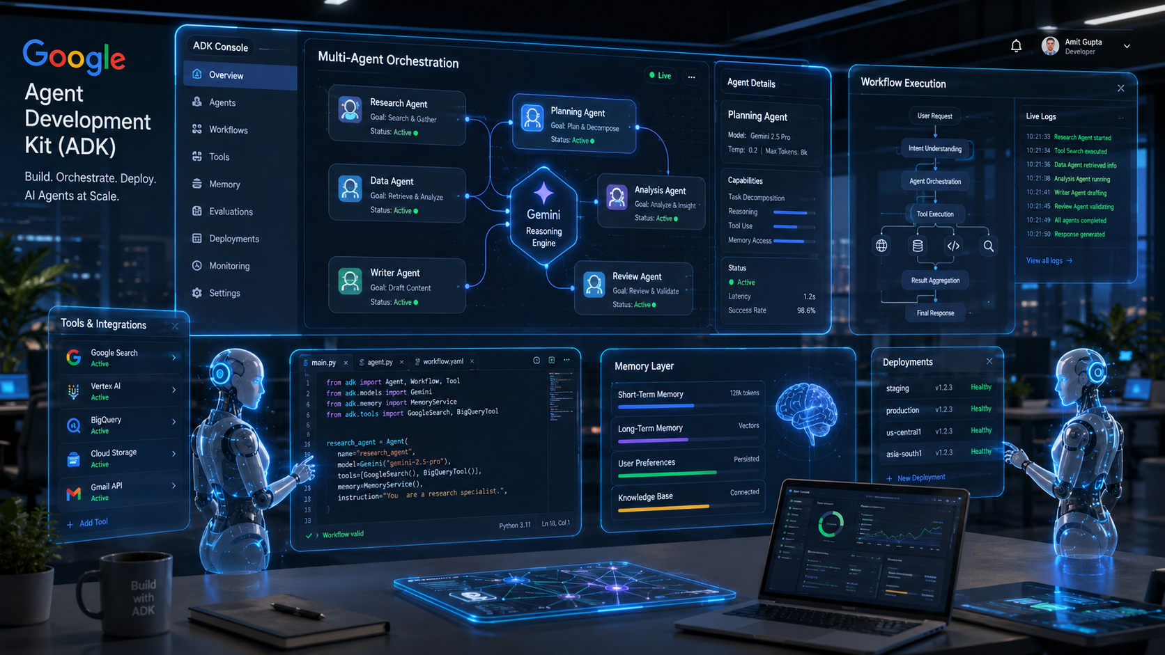 Google Agent Development Kit (ADK) platform showing AI agent orchestration, multi-agent workflows, and developer tools in 2026