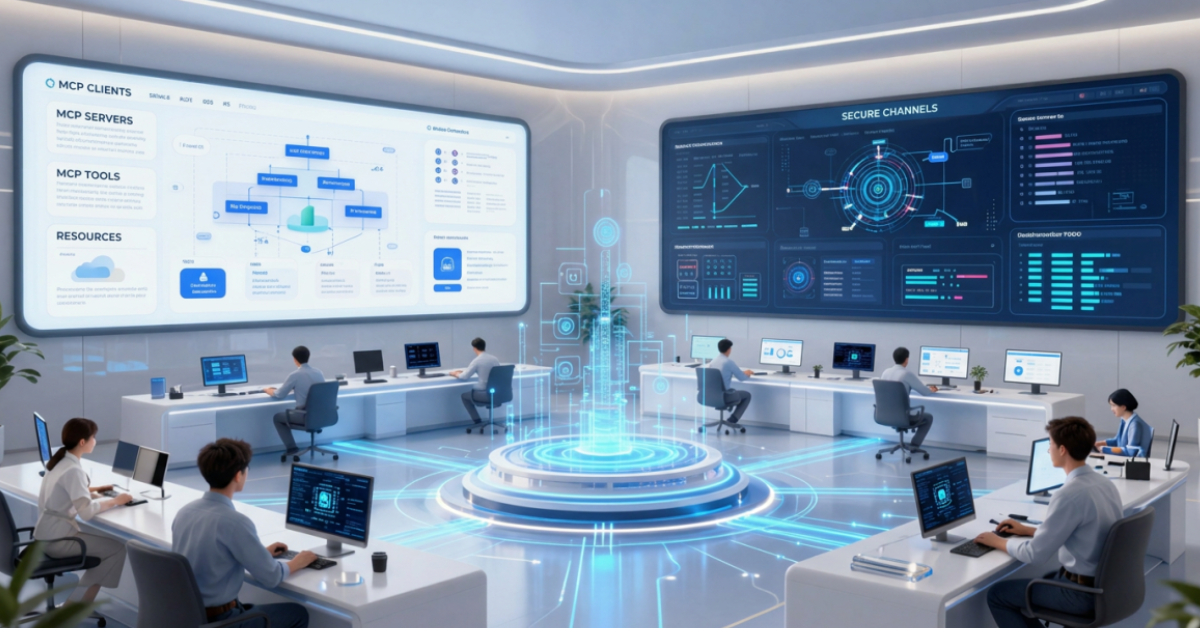 Model Context Protocol MCP architecture connecting AI agents with tools, databases, APIs, and enterprise systems in 2026