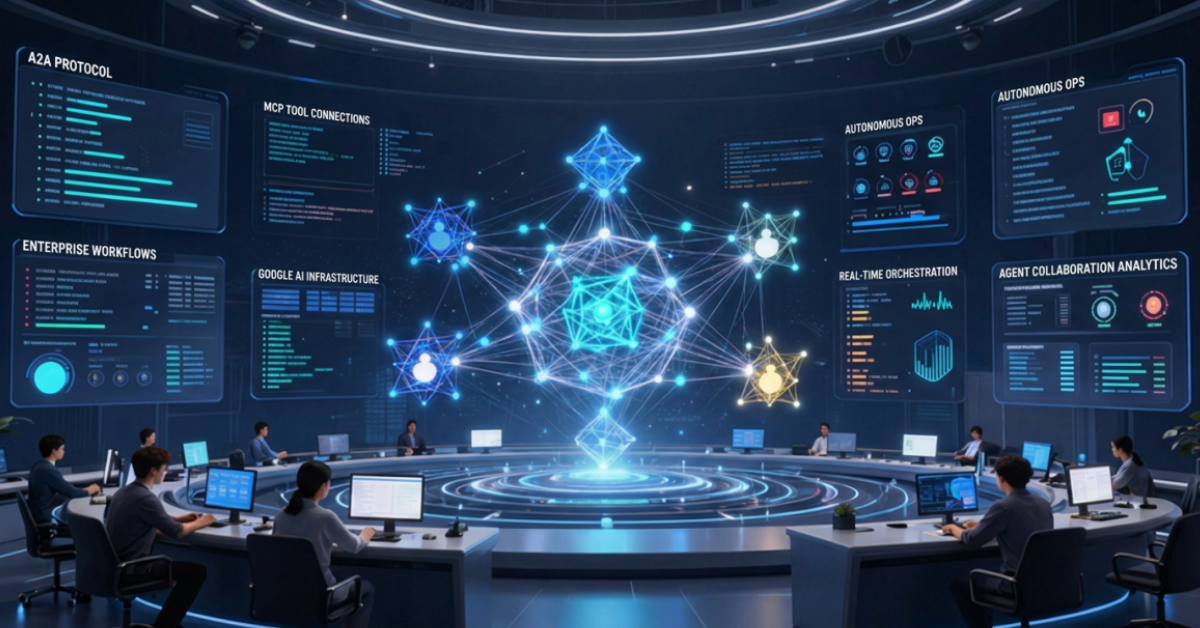 Multi-Agent Systems architecture showing AI agents collaborating through A2A communication, MCP integrations, and enterprise AI orchestration workflows in 2026.