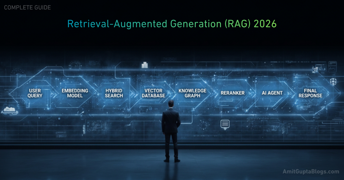 Retrieval-Augmented Generation (RAG) architecture showing embeddings, vector database, hybrid search, AI agents, knowledge retrieval, and enterprise AI workflow in 2026.