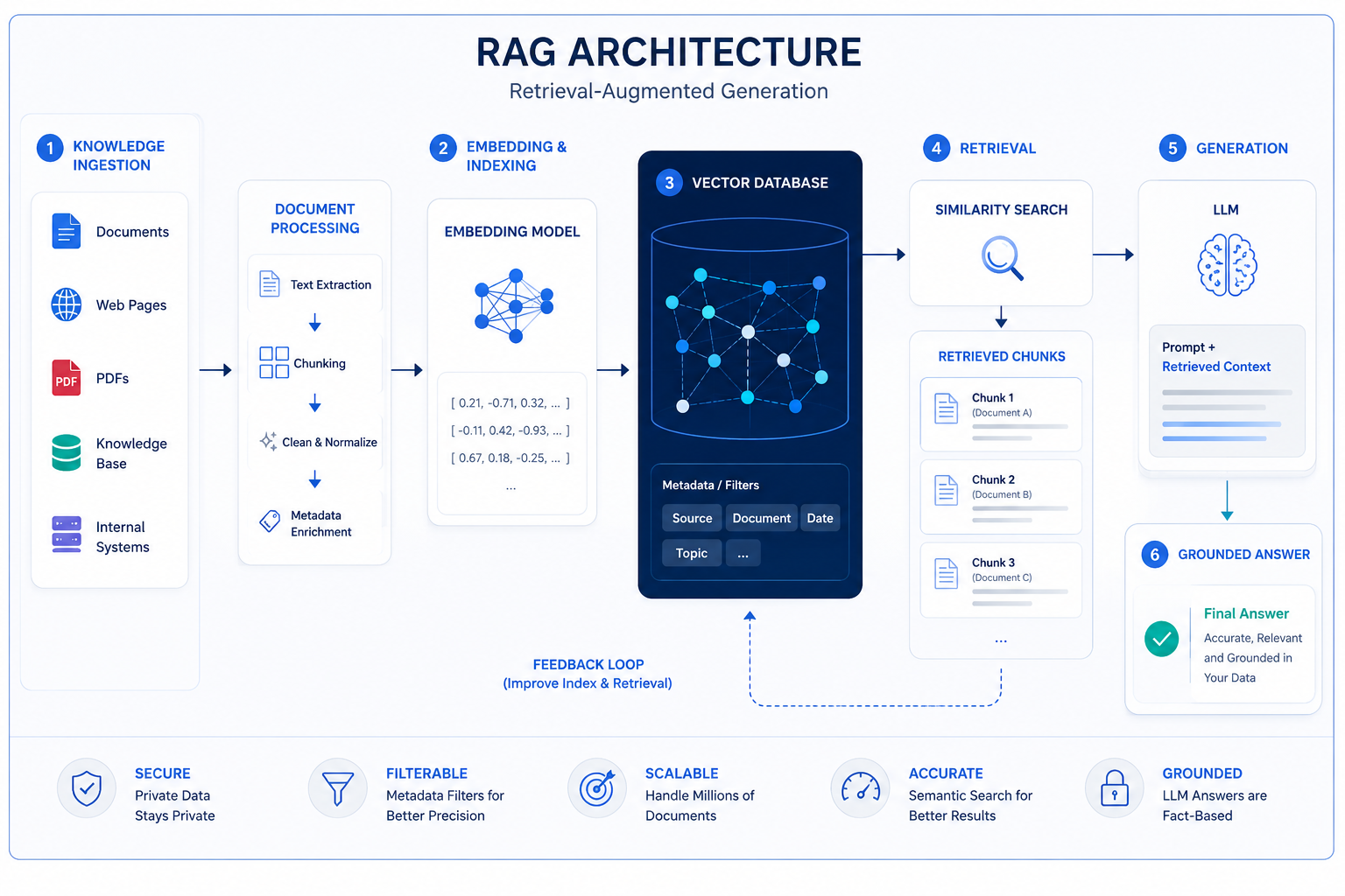 Comprehensive RAG architecture flow diagram showing the interaction between user queries, retrieval from vector databases, and LLM response generation.