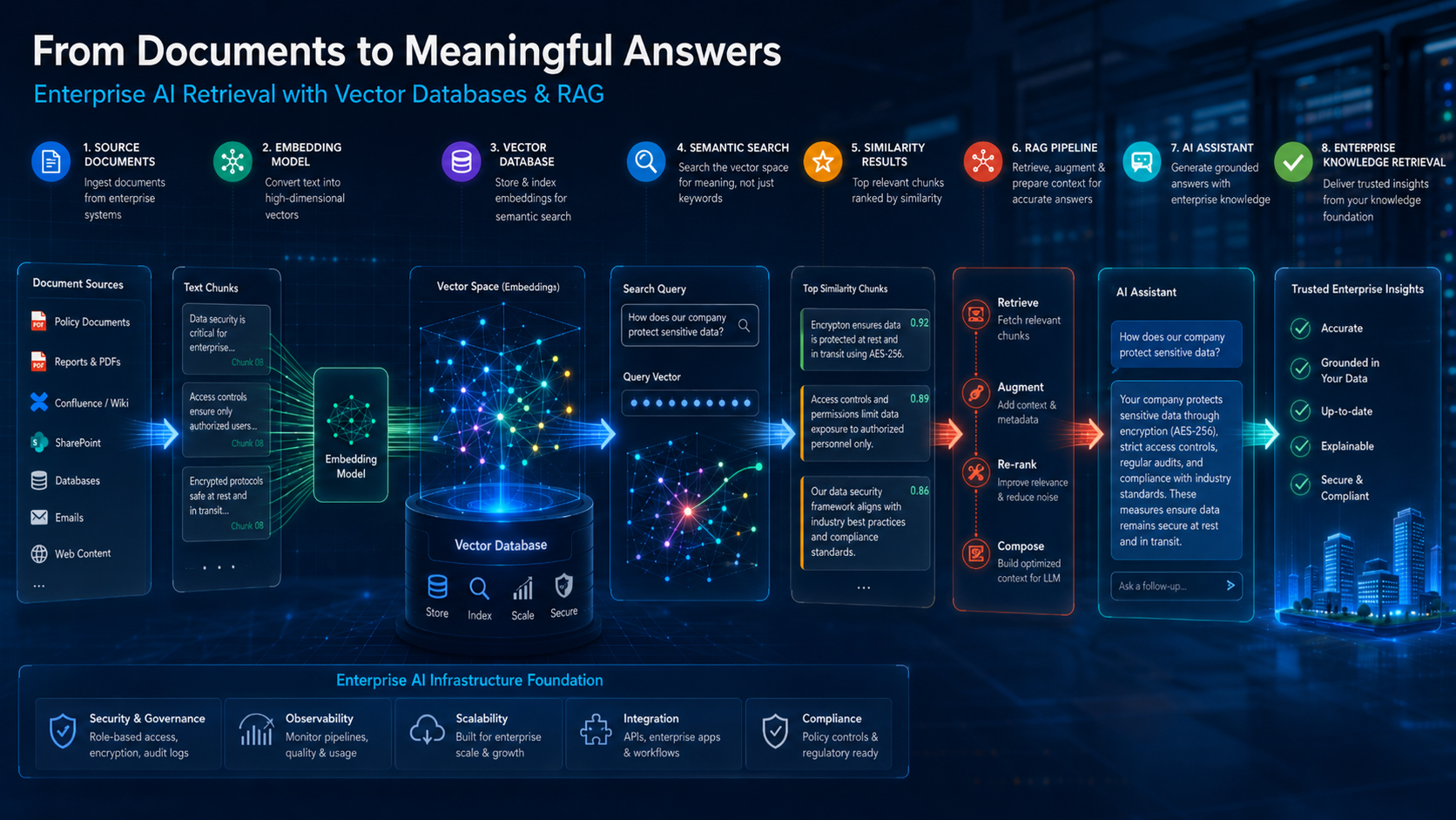 Vector Databases guide showing embeddings, semantic search, vector database retrieval, and RAG pipeline for enterprise AI search.