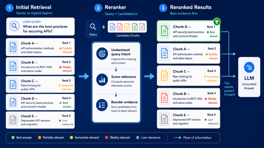 Reranking in RAG Complete Guide 2026: How to Improve Retrieval Accuracy After Search 2 Diagram of a 3-stage RAG reranking process: Stage 1 (Initial Retrieval) returns candidate chunks A through E with Chunk D originally at rank 4; Stage 2 (Reranker) processes query and candidate chunks to score semantic relevance; Stage 3 (Reranked Results) reorders the evidence to place Chunk D as the top answer before passing the best results to the LLM.