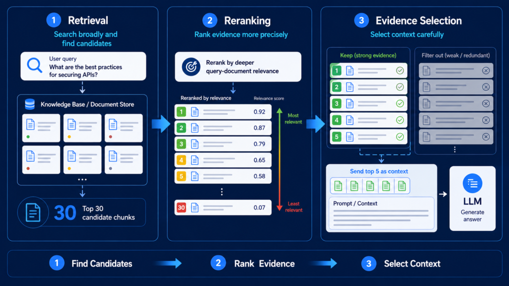 Reranking in RAG Complete Guide 2026: How to Improve Retrieval Accuracy After Search 4 Diagram of a 3-stage RAG architecture: Stage 1 retrieves the top 30 candidate chunks from a knowledge base; Stage 2 reranks candidates by query-document relevance scores; Stage 3 filters for strong evidence, sending the top 5 relevant chunks to the LLM context to generate the answer.